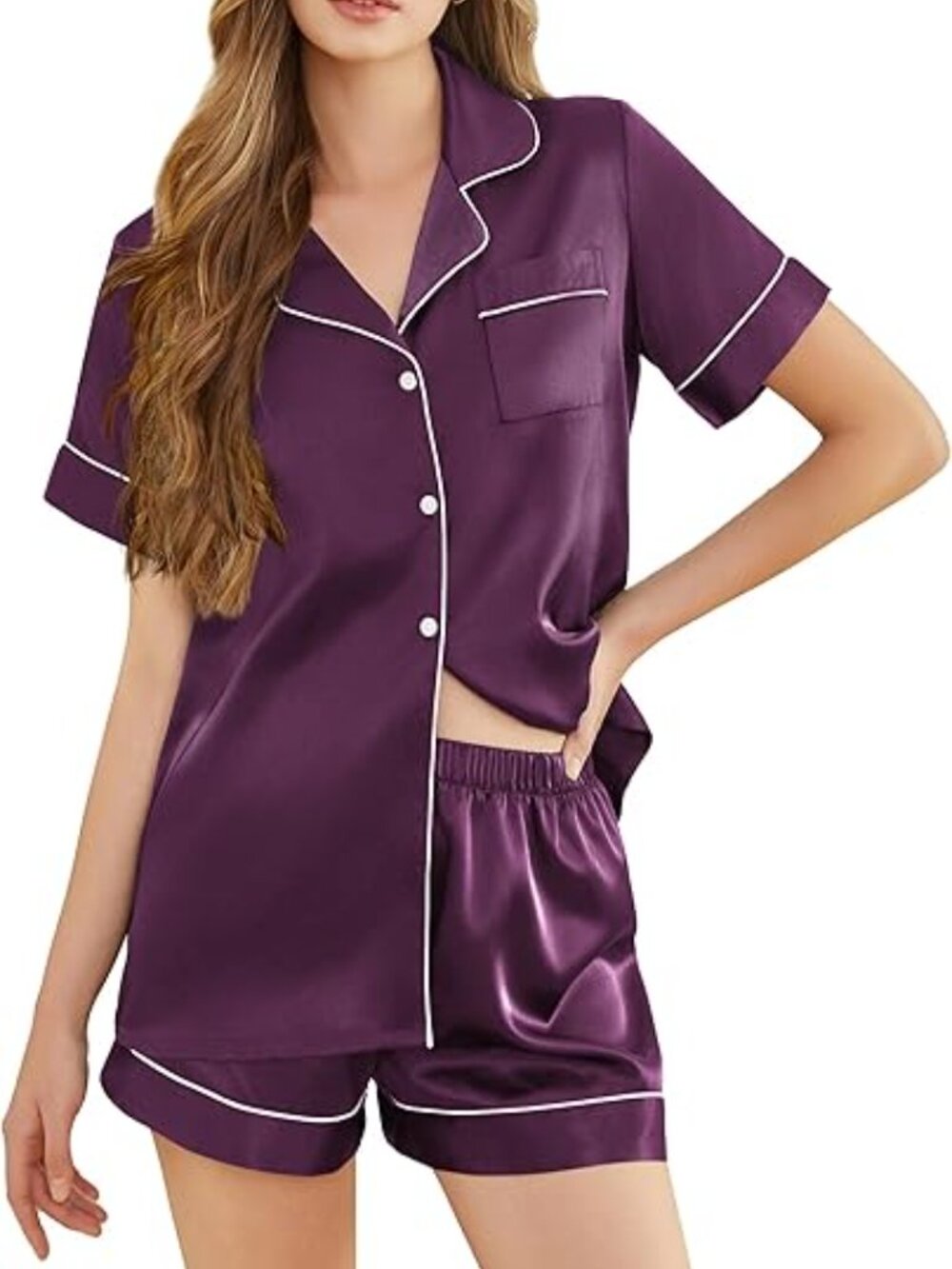 Women Silk Satin Pajama Set 2 Piece Short Sleeve Button Down PJs